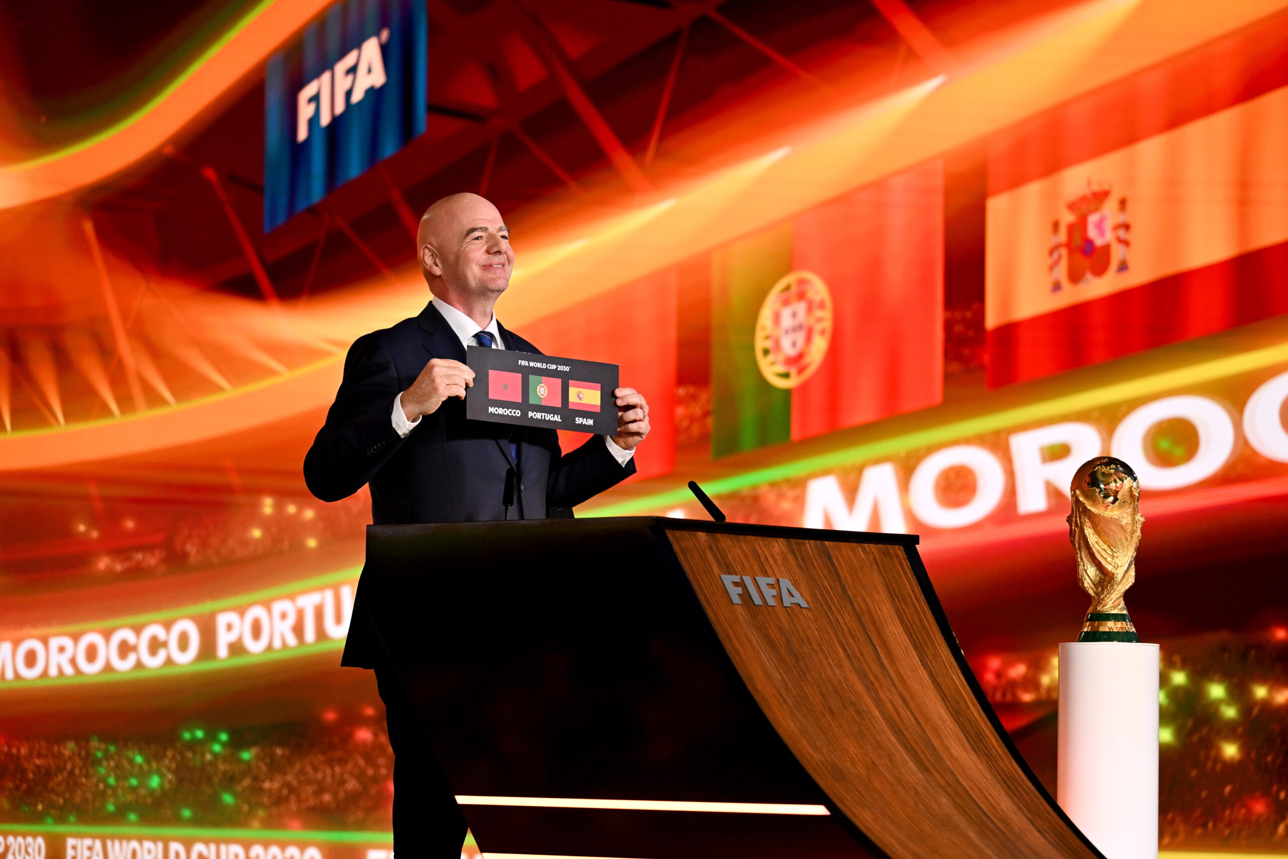 ZURICH, SWITZERLAND - DECEMBER 11: FIFA President Gianni Infantino announces Morocco, Portugal and Spain as the hosts of the FIFA World Cup 2030 during the Extraordinary FIFA Congress 2024 at the Home of FIFA on December 11, 2024 in Zurich, Switzerland. (Photo by Harold Cunningham - FIFA/FIFA via Getty Images)